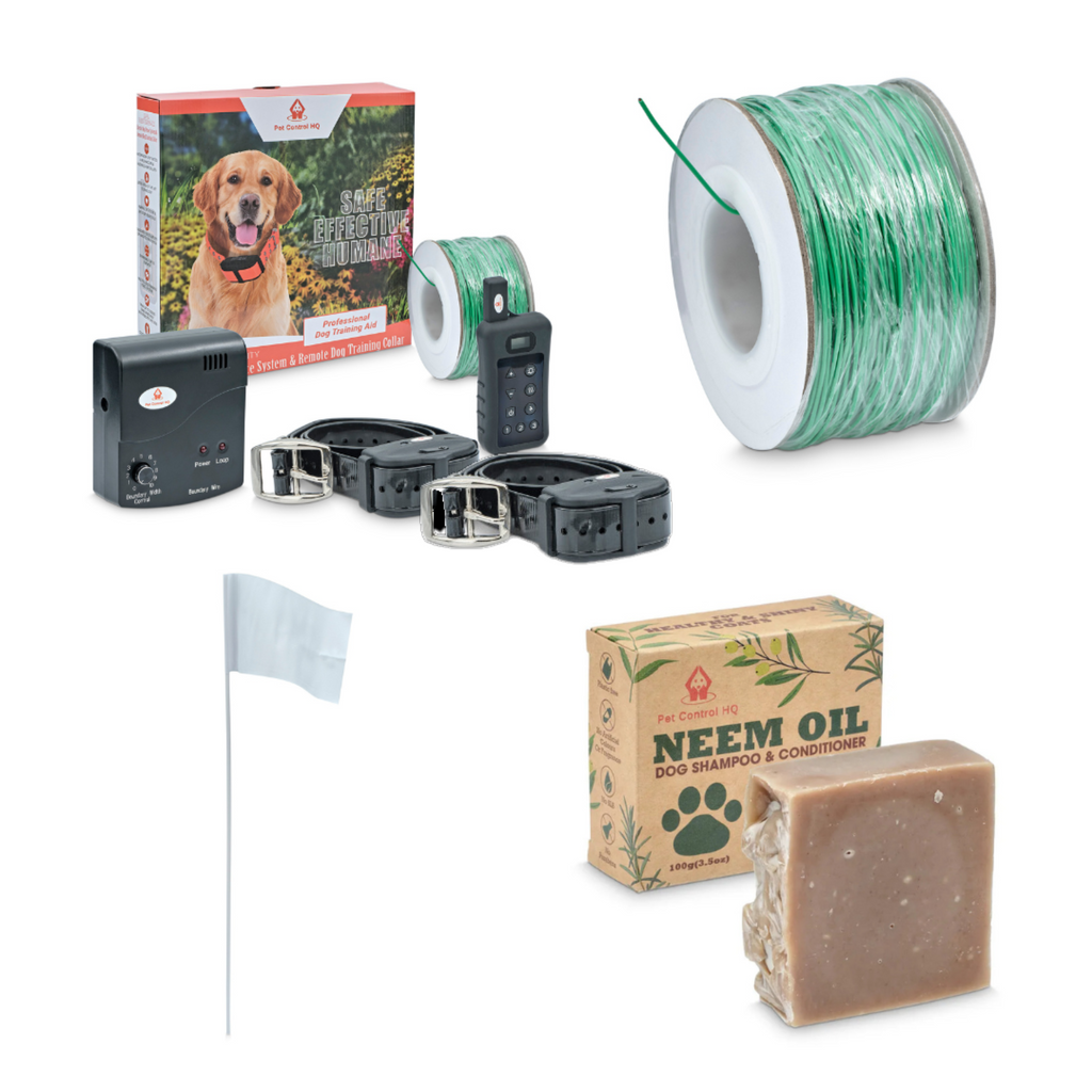 Pet containment system with two training collars wire flags and neem shampoo