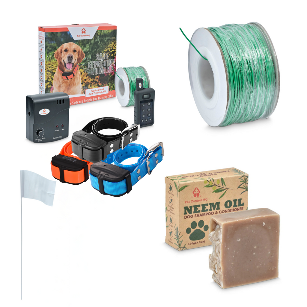 Pet control system bundle with training collars flags wire and neem shampoo