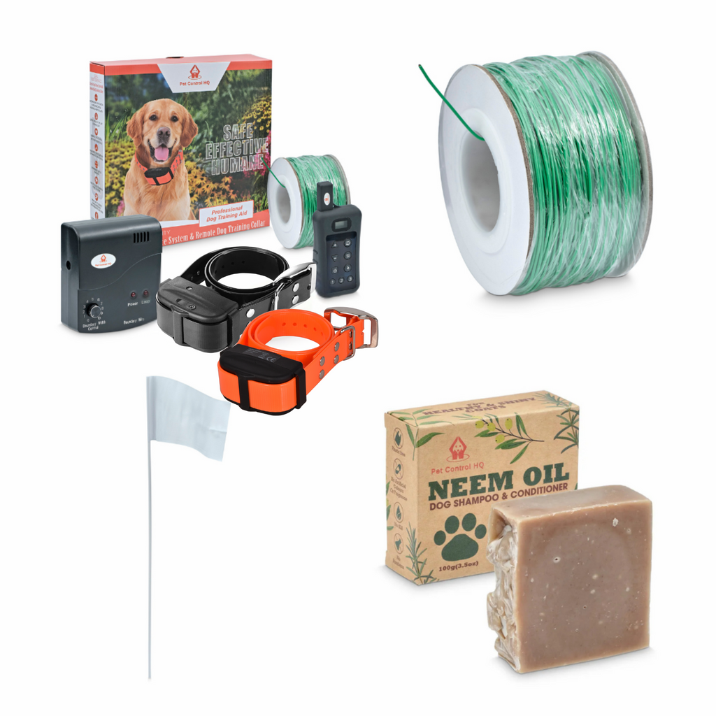 Pet containment system with two training collars wire flags and neem shampoo